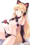  1girl :o bangs bare_shoulders black_gloves black_panties blonde_hair blush breasts cat_ear_headphones cat_tail collarbone elbow_gloves eyebrows_visible_through_hair girls_frontline gloves green_eyes headphones highres long_hair navel open_mouth panties ribbon sidelocks small_breasts solo tail tail_ribbon tmp_(girls_frontline) turtleneck underwear very_long_hair yos 