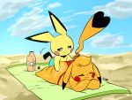  &lt;3_tail 2020 4:3 alternate_version_at_source ambiguous_gender anthro baby_pok&eacute;mon beach cleft_tail clothed clothing cosplay_pikachu_(character) digital_media_(artwork) dipstick_ears dipstick_tail duo eyes_closed female hi_res joaoppereiraus kanna_(joaoppereiraus) leroy_(joaoppereiraus) lying multicolored_ears multicolored_tail nintendo on_front outside pichu pikachu pok&eacute;mon pok&eacute;mon_(species) seaside short_stack signature smile sunscreen thick_thighs video_games 