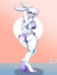  3:4 absurd_res anthro ava_lugg bikini breasts buckteeth butt clothing female flip_flops footwear hair hare hi_res lagomorph leporid mammal marilyn_e purple_eyes sandals side_boob simple_background smile solo stripes swimwear teeth toes white_body white_hair 