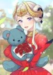  1girl artist_name blue_sky day edelgard_von_hresvelg fire_emblem fire_emblem:_three_houses flower headpiece highres holding holding_stuffed_animal horns open_mouth outdoors purple_eyes sky solo stuffed_animal stuffed_toy teddy_bear upper_body white_hair yudepan_(yuri_no_sugata) 