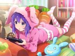  1girl :o bangs carrot_pillow commentary_request green_eyes hair_between_eyes heart holding hood idolmaster idolmaster_million_live! idolmaster_million_live!_theater_days indoors lying misashi_(raichi821) mochizuki_anna on_stomach open_mouth purple_hair solo sparkle striped striped_legwear thighhighs two-tone_legwear 