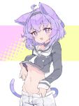  1girl absurdres animal_ears breasts cat_ears cat_tail collar fang groin hair_between_eyes headband highres hololive looking_at_viewer midriff nekomata_okayu open_mouth purple_eyes purple_hair school_uniform solo tail underboob zeru_(wisel_army) 