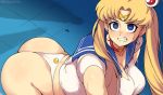  1girl all_fours ass bishoujo_senshi_sailor_moon blonde_hair blue_eyes breasts circlet clenched_teeth commentary hair_bobbles hair_ornament highres large_breasts long_hair looking_up moon panties sailor_moon sailor_moon_redraw_challenge school_uniform serafuku shadow solo taiger teeth thighs tsukino_usagi twintails underwear white_panties 
