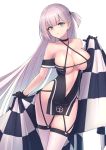  1girl alternate_costume azur_lane bangs bare_shoulders black_dress black_gloves blunt_bangs breasts checkered checkered_flag choker cleavage clothes_writing collarbone copyright_name dress eyebrows_visible_through_hair flag gloves hand_up highres holding itaco large_breasts long_hair looking_at_viewer mole mole_under_eye navel one_side_up parted_lips race_queen shiny shiny_hair shoukaku_(azur_lane) shoukaku_(sororal_wings)_(azur_lane) simple_background solo standing thighhighs thighs unzipped very_long_hair white_background white_hair wide_hips zipper zipper_pull_tab 