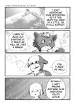  2020 4koma aniapt_(manga) anthro black_nose blush bodily_fluids canid canine canis cheek_tuft chien closed_smile clothed clothing comic digital_media_(artwork) domestic_dog duo english_text facial_tuft fluffy fluffy_tail furniture greyscale hair happy hi_res holding_object hoodie inner_ear_fluff inside male mammal manga mephitid messy_hair monochrome multicolored_body necktie open_mouth open_smile reflection screentone simple_background sitting skunk smile speech_bubble sweat sweatdrop table tapirclip text text_box topwear tuft two_tone_body window 