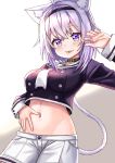  absurdres alternate_costume animal_ears blush breasts cat_ears cat_tail commentary_request groin hair_between_eyes headband highres hololive hololive_gamers large_breasts looking_at_viewer midriff nekomata_okayu nootomo purple_eyes school_uniform simple_background tail tongue tongue_out virtual_youtuber white_background 