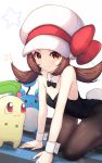  1girl absurdres alternate_costume bare_shoulders black_neckwear bow bowtie brown_eyes brown_hair bunny_tail bunnysuit chikorita closed_mouth collar commentary_request detached_collar eyelashes gen_2_pokemon hat highres kotone_(pokemon) leotard long_hair looking_at_viewer marill pokemon pokemon_(creature) pokemon_(game) pokemon_hgss smile soi_(wxes9550505) starter_pokemon tail twintails white_collar white_headwear wrist_cuffs 