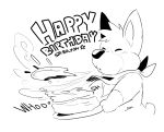  2020 anthro birthday birthday_cake breeze_(breeze_in_the_clouds) breeze_in_the_clouds cake canid canine canis domestic_dog eyes_closed food herding_dog mammal monochrome pastoral_dog seiryuuden simple_background solo text welsh_corgi white_background 