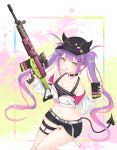  1girl assault_rifle breasts chicami cleavage collarbone demon_tail green_eyes gun hair_between_eyes hair_ornament hairclip hat highres hololive howa_type_89 long_hair looking_at_viewer magazine_(weapon) purple_hair rifle shorts solo tail tokoyami_towa trigger_discipline twintails virtual_youtuber weapon 
