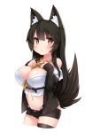  1girl :&lt; absurdres animal_ear_fluff animal_ears belt between_breasts black_hair black_jacket black_legwear black_panties black_shorts breasts brown_eyes character_request cleavage crop_top dog_ears dog_tail groin hands_on_own_chest highleg highleg_panties highres jacket large_breasts long_hair lowleg lowleg_shorts midriff navel necktie neckwear_between_breasts off_shoulder original panties shirt short_shorts shorts simple_background single_thighhigh solo tail tamase_tama thighhighs underwear virtual_youtuber white_background white_shirt yellow_neckwear 