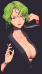  1girl absurdres ballpoint_pen_(medium) bangs black_background black_suit black_theme blowing_smoke breasts cigarette cleavage clip_studio_paint_(medium) collarbone colored_eyelashes eyelashes fingernails formal hair_between_eyes half-closed_eyes hand_in_hair highres kazami_yuuka large_breasts light_green_hair lips looking_afar looking_up neck no_bra nose open_clothes parted_bangs parted_lips pink_nails red_eyes red_lips reflective_eyes sharp_fingernails shiny shiny_hair short_hair simple_background skinnytorch smoking solo suit touhou traditional_media wavy_hair 