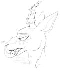 2020 anthro beastars blep ears_up fangs fur half-closed_eyes headshot_portrait horn hybrid inner_ear_fluff licking licking_nose male mammal melon_(beastars) monochrome narrowed_eyes open_mouth portrait self_lick simple_background sketch solo solo_focus spots spotted_body spotted_face spotted_fur teeth tongue tongue_out tuft zerothehorse 