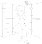  absurd_res anthro beastars butt canid canine canis claw_marks claws clothing ears_back eyes_closed feet fluffy fluffy_tail footwear hand_on_chest hi_res legoshi_(beastars) looking_up male mammal monochrome neck_tuft nude pivoted_ears plantigrade sandals scar scratches shelf shoes shower shower_head shower_stall showering simple_background sketch solo standing toes tuft wolf zerothehorse 