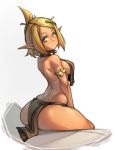  1girl arched_back ass bare_shoulders blonde_hair breasts commentary evangelyne freckles from_side green_eyes highres kelvin_hiu looking_at_viewer medium_breasts pointy_ears short_hair sideboob simple_background sitting skindentation solo thick_thighs thighs wakfu white_background yellow_eyes 