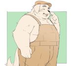  2020 anthro belly black_nose blush canid canine canis clothing domestic_dog eyes_closed hat headgear headwear humanoid_hands inunoshippo kemono male mammal overalls overweight overweight_male simple_background solo 