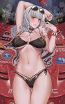  1girl bikini black_bikini black_nails breasts brown_eyes carmilla_(fate/grand_order) carmilla_(swimsuit_rider)_(fate) cleavage cowboy_shot curly_hair eyewear_on_head fate/grand_order fate_(series) grey_hair hanada_yanochi large_breasts multi-strapped_bikini racecar sunglasses swimsuit 