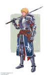  1boy armor blonde_hair blue_eyes breastplate chain character_name commission deviantart_username full_armor full_body gauntlets grey_background hair_between_eyes holding holding_sword holding_weapon leg_armor medieval original pauldrons plate_armor rejean_dubois short_hair shoulder_armor simple_background solo standing sword twitter_username two-tone_background watermark weapon web_address white_background 