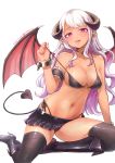  1girl :p arm_cuffs arm_support bangs bare_shoulders bikini bikini_tug black_bikini black_footwear black_legwear black_skirt blush boots breasts broken broken_chain chain choker cleavage collarbone commentary cuffs dated demon_girl demon_horns demon_tail demon_wings earrings eyebrows_visible_through_hair fingernails full_body gradient_hair groin high_heel_boots high_heels highlights highres horns jewelry knee_boots large_breasts long_fingernails long_hair looking_at_viewer midriff miniskirt miyamae_porin multicolored_hair nail_polish navel original pink_eyes pink_hair pink_nails pleated_skirt pointy_ears side-tie_bikini sidelocks simple_background sitting skindentation skirt smile solo streaked_hair succubus swimsuit tail thighhighs tongue tongue_out twitter_username two-tone_hair white_background white_hair wings yokozuwari zettai_ryouiki 