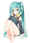  1girl :o aqua_eyes bangs barcode bare_legs bare_shoulders barefoot black_jacket blush bow breasts commentary_request drawstring eyebrows_visible_through_hair feet full_body green_hair hair_bow hair_ornament hairclip hand_on_headphones hand_up hatsune_miku headphones headphones_around_neck highres hood hood_down hooded_jacket jacket knees_up long_hair looking_at_viewer parted_lips shoulder_cutout simple_background sitting small_breasts solo twintails very_long_hair vocaloid white_background white_bow x_hair_ornament yukine 