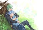  1boy 1girl alternate_costume biceps black_footwear black_pants black_shirt blue_hair blue_shirt blue_skirt blush boots braid byleth_(fire_emblem) byleth_(fire_emblem)_(male) casual closed_eyes closed_mouth commentary commission couple crown_braid cuddling day english_commentary eyelashes fire_emblem fire_emblem:_three_houses green_hair grey_eyes highres hug marianne_von_edmund muscle outdoors pants shirt short_hair sitting skirt smile sunlight tree turtleneck yourfreakyneighbourh 