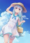  1girl arm_up bangs blue_eyes blush bow breasts clenched_hand closed_mouth cloud commentary_request day dress eromanga_sensei eyebrows_visible_through_hair green_bow hair_bow hand_on_headwear hat highres izumi_sagiri long_hair misashi_(raichi821) outdoors picnic_basket sailor_collar silver_hair sky smile solo white_dress 