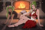  all_fours big_breasts bottomwear breasts cleavage clothed clothing duo elf female fire fireplace humanoid looking_at_viewer not_furry petals red_eyes sitting skirt the_dark_mangaka 
