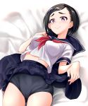  1girl black_buruma black_hair black_skirt blush breasts buruma highres idolmaster idolmaster_cinderella_girls looking_at_viewer lying matsuo_chizuru medium_breasts on_back painttool_sai_(medium) purple_eyes school_uniform serafuku shirota_mizuki shirt short_hair short_sleeves skirt skirt_up smile solo white_shirt 