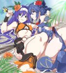  2girls absurdres ass beach bikini breasts cleavage_cutout day fingerless_gloves fire_emblem fire_emblem:_radiant_dawn fire_emblem_awakening fire_emblem_heroes flower gloves hair_flower hair_ornament hairband headband hibiscus highres long_hair looking_at_viewer looking_back lucina_(fire_emblem) marth_(fire_emblem_awakening) medium_breasts mia_(fire_emblem) multiple_girls ocean orange_flower pretty-purin720 red_flower sand short_hair smile swimsuit white_hairband white_headband 