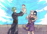  2boys 2girls blue_eyes blue_hair blue_sky byleth_(fire_emblem) byleth_(fire_emblem)_(male) carrying closed_mouth commission day dress father_and_daughter father_and_son fire_emblem fire_emblem:_three_houses from_side green_hair highres if_they_mated long_hair long_sleeves lysithea_von_ordelia mother_and_daughter mother_and_son multiple_boys multiple_girls open_mouth outdoors parted_lips pink_eyes short_hair short_sleeves sky smile white_hair yourfreakyneighbourh 