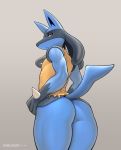  2020 ambiguous_gender anthro blue_body blue_fur butt canid canine chelodoy fur grey_background looking_back lucario mammal nintendo pok&eacute;mon pok&eacute;mon_(species) rear_view red_eyes simple_background thick_thighs video_games 
