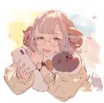  1girl animal_ears bangs glasses highres holding holding_phone horns junwool open_mouth original phone sheep_ears sheep_horns sketch solo sweater upper_body watch wristwatch 