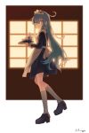  apron backlighting blue_dress blue_eyes blue_hair dress from_side gou_(double_trigger) hibiki_(kantai_collection) highres holding kantai_collection kneehighs loafers long_hair long_sleeves maid_apron maid_headdress serious shoes tea_set very_long_hair 
