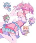  &gt;:) 5girls :d ;) \o/ ^_^ aqua_hair arms_up back_bow bang_dream! bangs blonde_hair blue_footwear bow brown_hair center_frills choker closed_eyes detached_sleeves dress frilled_dress frills green_footwear highres hikawa_hina long_hair long_sleeves looking_at_viewer maruyama_aya minigirl multiple_girls one_eye_closed open_mouth outstretched_arms pastel_palettes pink_choker pink_dress pink_hair purple_footwear red_footwear res2shuu shirasagi_chisato short_hair sidelocks smile strapless strapless_dress thighhighs twintails v visor wakamiya_eve white_background white_hair wing_hair_ornament wings yamato_maya yellow_footwear 