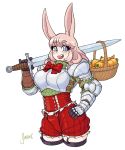  1girl animal_ears armor artist_name basket blue_eyes blush boobplate bow bowtie breastplate breasts bunny_ears bunny_girl carrot cowboy_shot eyebrows_visible_through_hair eyes_visible_through_hair gauntlets highres holding holding_sword holding_weapon large_breasts long_sleeves looking_at_viewer medium_hair open_mouth original pauldrons pink_hair shardanic short_shorts shorts shoulder_armor simple_background smile solo standing sword teeth thighhighs tongue watermark weapon white_background 