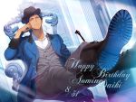  1boy aomine_daiki blue_eyes blue_hair crossed_legs dark_skin dark_skinned_male hat highres kuroko_no_basuke palace sitting solo solo_focus zawar379 