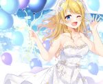  1girl ;d amidada balloon bangs bare_arms bare_shoulders blonde_hair blue_eyes breasts bridal_veil cleavage collarbone day dress eyebrows_visible_through_hair flower hachimiya_meguru hands_up holding holding_balloon idolmaster idolmaster_shiny_colors jewelry long_hair medium_breasts one_eye_closed open_mouth ring rose see-through smile solo sparkle star_(symbol) strapless strapless_dress veil very_long_hair wedding_band wedding_dress white_dress white_flower white_rose 