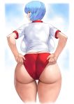  1girl absurdres ass ayanami_rei backboob blue_hair blush breasts buruma cameltoe from_behind gym_uniform highleg highleg_buruma highres huge_breasts looking_at_viewer looking_back mogudan neon_genesis_evangelion red_buruma red_eyes shiny shiny_hair shiny_skin short_hair short_sleeves solo standing thick_thighs thighs 