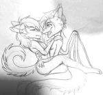  anonymous_artist anthro best_friends canid canine canis dragon duo eres erina_fangrown eyes_closed female female/female hand_behind_back hand_on_hip horn interspecies mammal membrane_(anatomy) membranous_wings monochrome simple_background sketch smile toothy_grin traditional_(artwork) wings wolf 