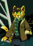  2018 absurd_res anthro cheetah clothing felid feline green_eyes hi_res looking_at_viewer male mammal martinballamore open_mouth outside signature solo standing 
