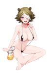  1girl :3 :d absurdres animal_ears arknights bangs bare_arms bare_legs bare_shoulders barefoot bear_ears beehunter_(arknights) bikini black_bikini black_swimsuit blush breasts brown_hair collarbone fang fei_mao food fruit full_body hair_over_one_eye hand_up highres holding holding_food honey hood large_breasts long_sleeves looking_at_viewer multicolored_hair navel open_mouth pale_skin purple_eyes short_hair shorts silver_hair simple_background sitting slingshot_swimsuit smile solo strawberry streaked_hair swimsuit teeth two-tone_hair white_background yellow_legwear 