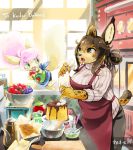  2020 5_fingers anthro apron big_breasts bottomwear bread breasts brown_hair cake clothed clothing duo felid feline female fingers food fruit fully_clothed grape green_eyes hair kemono kettle long_hair mammal open_mouth pants pink_hair plant serval shirt snout standing strawberry tongue tongue_out topwear utsuki_maito 