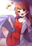  :d bangs blanket blush breasts brown_eyes cleavage dress facial_hair heart jacket long_hair mona_(warioware) mustache open_mouth orange_hair red_dress signature simple_background sitting smile speech_bubble warioware 
