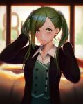  1girl blurry blurry_background blush green_eyes green_hair green_vest hand_up hands_up idolmaster idolmaster_shiny_colors indoors lanzer long_hair nanakusa_hazuki office_lady solo twintails twintails_day upper_body vest 