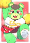  &lt;3 &lt;3_eyes animal_crossing anthro belly black_eyes blush bodily_fluids bottomwear brown_hair charlise_(animal_crossing) cheerleader cheerleader_outfit clothed clothing female footwear fur genitals green_body green_fur hair hi_res lifted_arm logo looking_down mammal nintendo on_one_leg one_leg_up overweight panties pom_poms poms pussy raised_clothing raised_leg raised_skirt rantan_chan red_bottomwear red_clothing red_skirt shirt shoes simple_background skirt solo standing sweat text_on_clothing text_on_shirt thick_thighs topwear translucent translucent_clothing underwear upskirt ursid v-neck video_games wet wet_clothing wet_panties wet_underwear white_clothing white_shirt white_topwear 