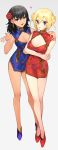  2girls :d alternate_costume andou_(girls_und_panzer) bangs bare_legs black_eyes black_hair blonde_hair blue_dress blue_eyes blue_footwear blush breasts brown_ribbon china_dress chinese_clothes cleavage cleavage_cutout closed_mouth crossed_arms dark_skin double_bun dress eyebrows_visible_through_hair floral_print flower full_body girls_und_panzer grey_background hair_flower hair_ornament hand_on_another&#039;s_shoulder hand_up heart highres large_breasts looking_at_viewer medium_breasts multiple_girls open_mouth oshida_(girls_und_panzer) print_dress red_dress red_flower red_footwear ribbon short_hair short_sleeves simple_background sleeveless sleeveless_dress smile standing tan3charge tassel_earrings 