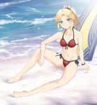  1girl aqua_eyes bare_shoulders barefoot beach bikini blonde_hair blush bracelet breasts fate/grand_order fate_(series) highres jewelry looking_at_viewer mordred_(fate)_(all) mordred_(swimsuit_rider)_(fate) navel ocean ponytail red_bikini sitting smile solo surfboard swimsuit taichi 