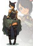  :o animal_ears belt black_hair blue_eyes boots corset dark_skin dress dress_lift final_fantasy final_fantasy_xiv freckles hair_over_one_eye halterneck hide_(hideout) highres lips miqo&#039;te shoulder_armor smile spaulders thigh_boots thighhighs white_background 