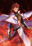  1boy absurdres belt black_background capelet fire gloves granblue_fantasy highres holding holding_sword holding_weapon looking_to_the_side male_focus percival_(granblue_fantasy) red_eyes red_hair saku_(sakudeji) smile solo sword weapon white_capelet 