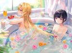  2girls absurdres bangs bath bathing bathtub black_hair blonde_hair blunt_bangs bob_cut breasts comb combing commentary_request cup curtains drinking_glass flower flower_on_liquid food fruit highres idolmaster idolmaster_cinderella_girls idolmaster_cinderella_girls_starlight_stage kurosaki_chitose large_breasts long_hair looking_at_viewer multiple_girls nekoremon nude orange partially_submerged petals petals_on_liquid purple_eyes red_eyes rose shared_bathing shirayuki_chiyo short_hair small_breasts strawberry velvet_rose water window wine_glass 
