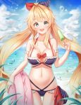 1girl :d absurdres ahoge air_bubble arm_strap ass_visible_through_thighs azur_lane bangs bare_shoulders beach bikini blonde_hair blue_sky blush bow breasts bubble cleavage cleavage_cutout cloud collarbone commentary cowboy_shot cross cross_choker cross_earrings day drill_hair earrings eyebrows_visible_through_hair food frilled_bikini frills glint green_eyes hair_between_eyes hair_bow hair_intakes hand_up head_tilt highres holding holding_food holding_innertube horizontal_stripes innertube jewelry large_breasts le_temeraire_(azur_lane) le_temeraire_(summer_style_temmie)_(azur_lane) leaf light_rays long_hair looking_at_viewer low_twintails midriff multi-strapped_bikini navel ocean open_mouth popsicle purple_bikini red_bow sayu_(mini_2704) sidelocks skindentation sky smile solo standing striped sunbeam sunlight swimsuit thigh_gap twin_drills twintails upper_teeth very_long_hair wet 